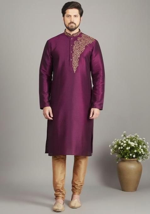 Magenta Embroidery Dupion Silk Kurta Set For Men