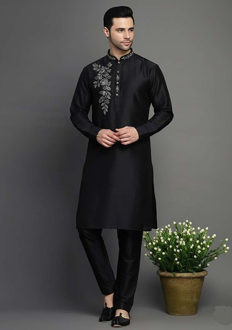 Black Embroidery Dupion Silk Blend Kurta Set For Men - Indya