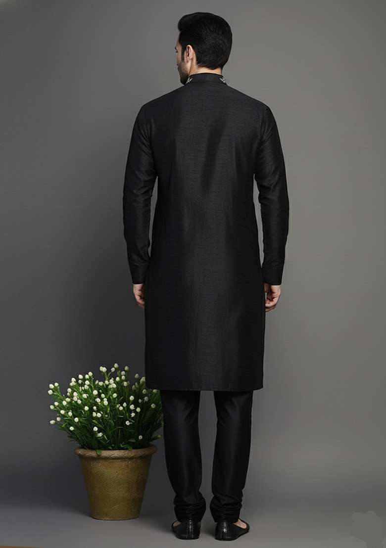 Black Embroidery Dupion Silk Blend Kurta Set For Men - Indya