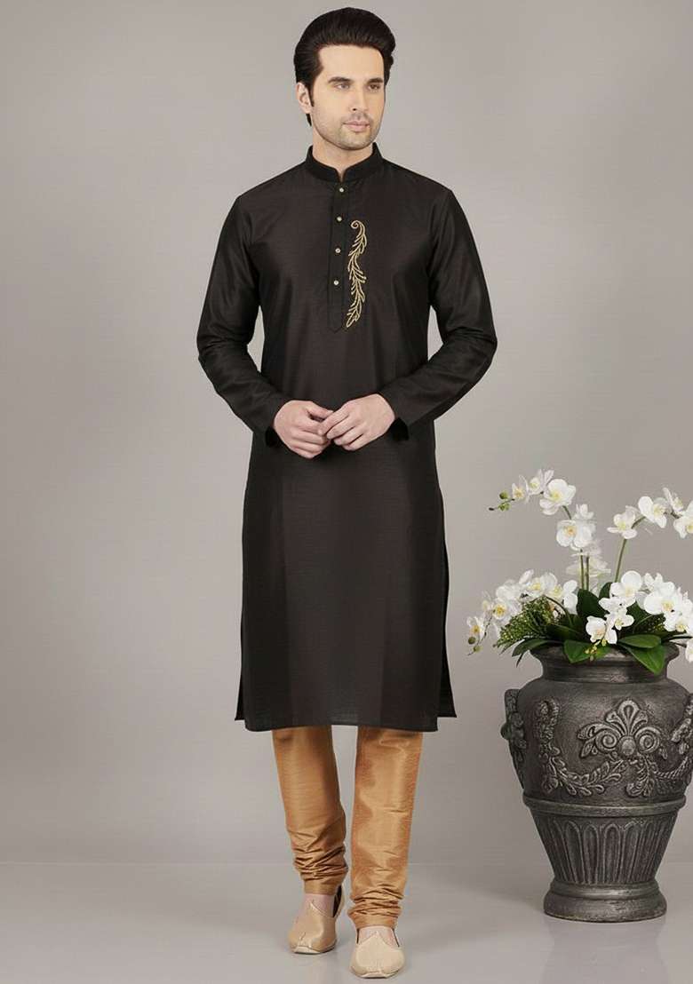 Black Embroidery Dupion Silk Blend Kurta Set For Men - Indya