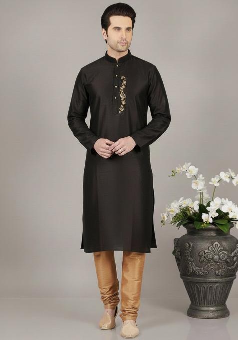 Black Embroidery Dupion Silk Kurta Set For Men