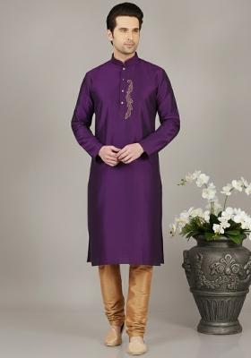 Purple Embroidery Dupion Silk Kurta Set For Men