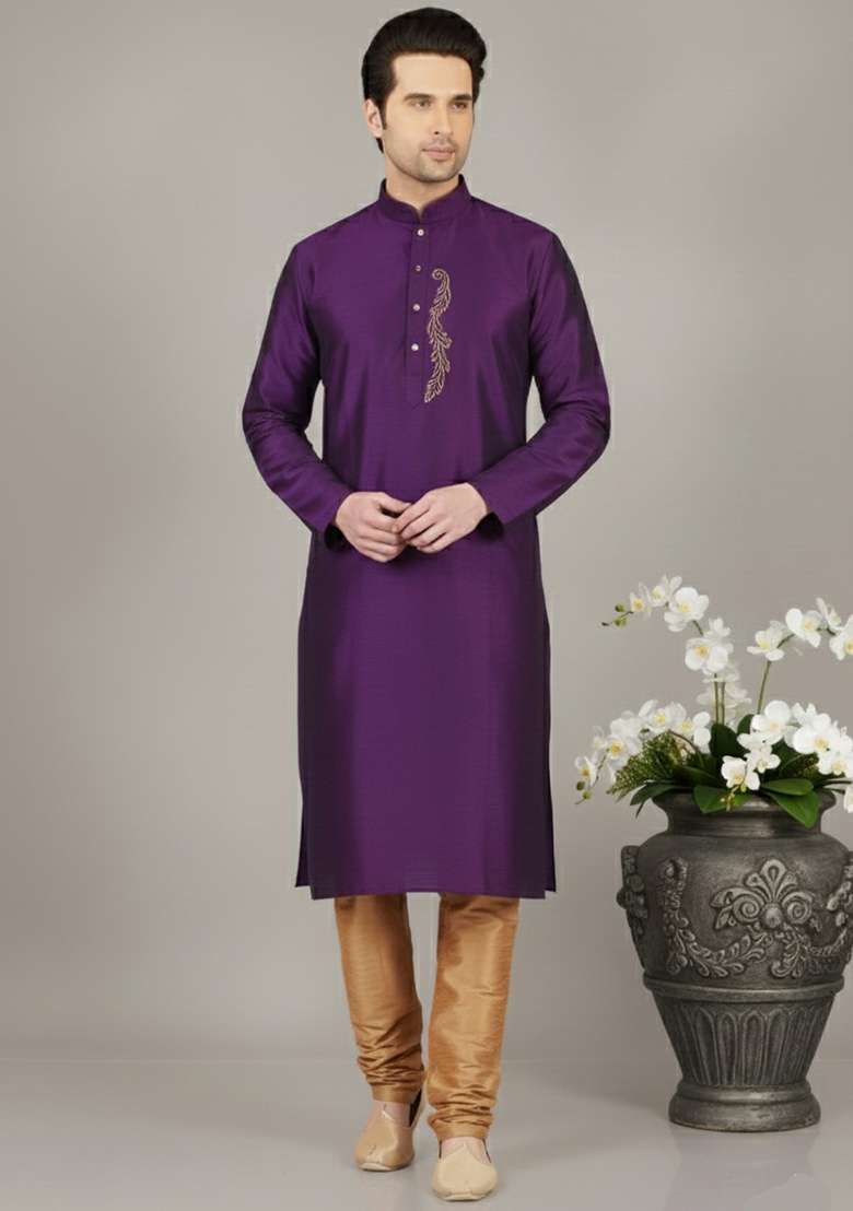 Purple Embroidery Dupion Silk Kurta Set For Men - Indya