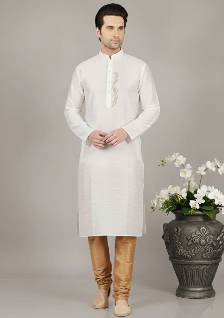 White Embroidery Dupion Silk Blend Kurta Set For Men - Indya