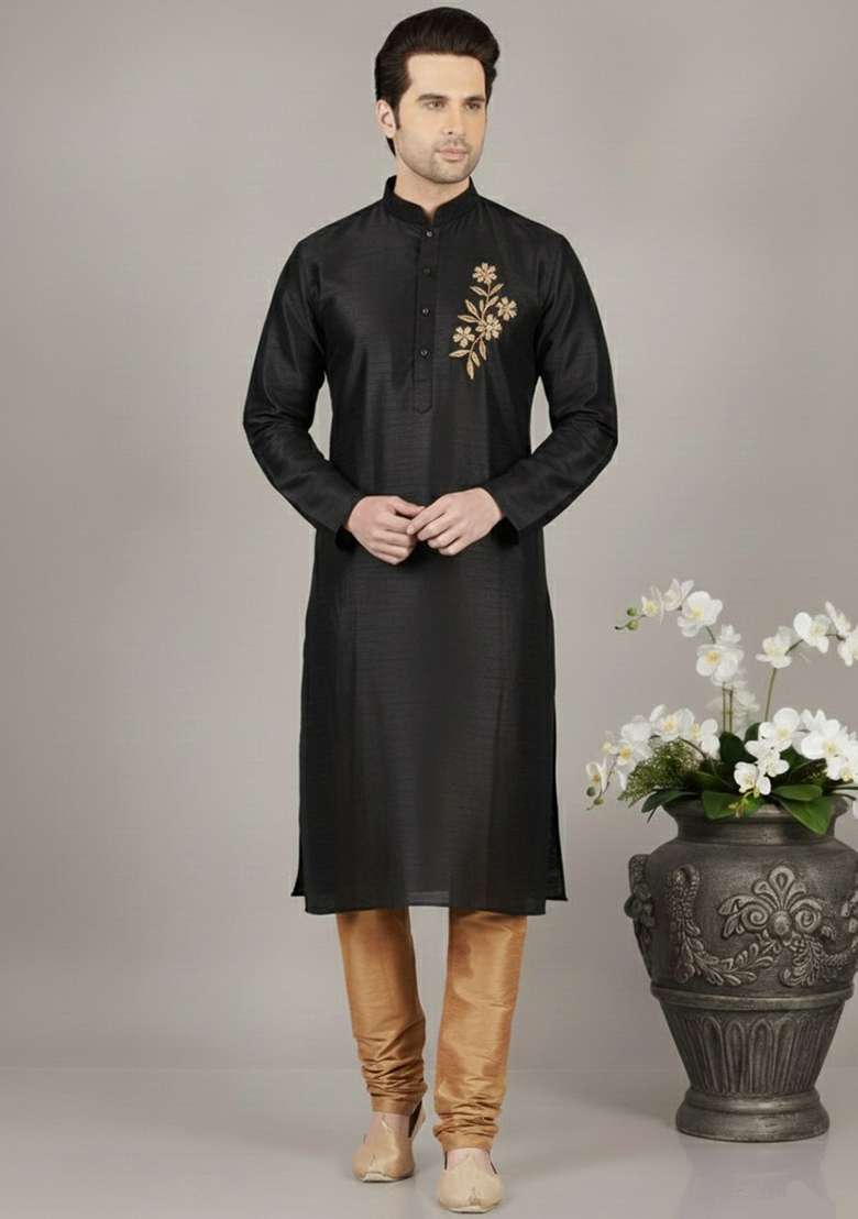 Black Embroidery Dupion Silk Blend Kurta Set For Men - Indya