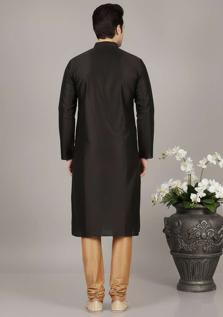Black Embroidery Dupion Silk Blend Kurta Set For Men - Indya