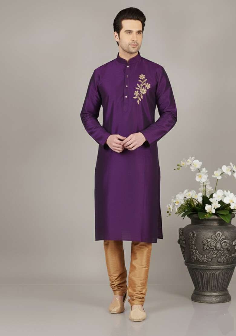 Purple Embroidery Dupion Silk Kurta Set For Men - Indya