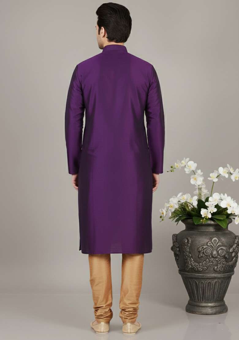 Purple Embroidery Dupion Silk Kurta Set For Men - Indya