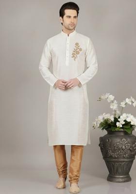 White Embroidery Dupion Silk Kurta Set For Men