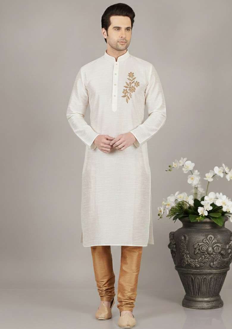 White Embroidery Dupion Silk Blend Kurta Set For Men - Indya