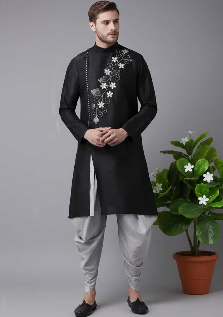 Black Embroidery Dupion Silk Blend Kurta Set For Men - Indya