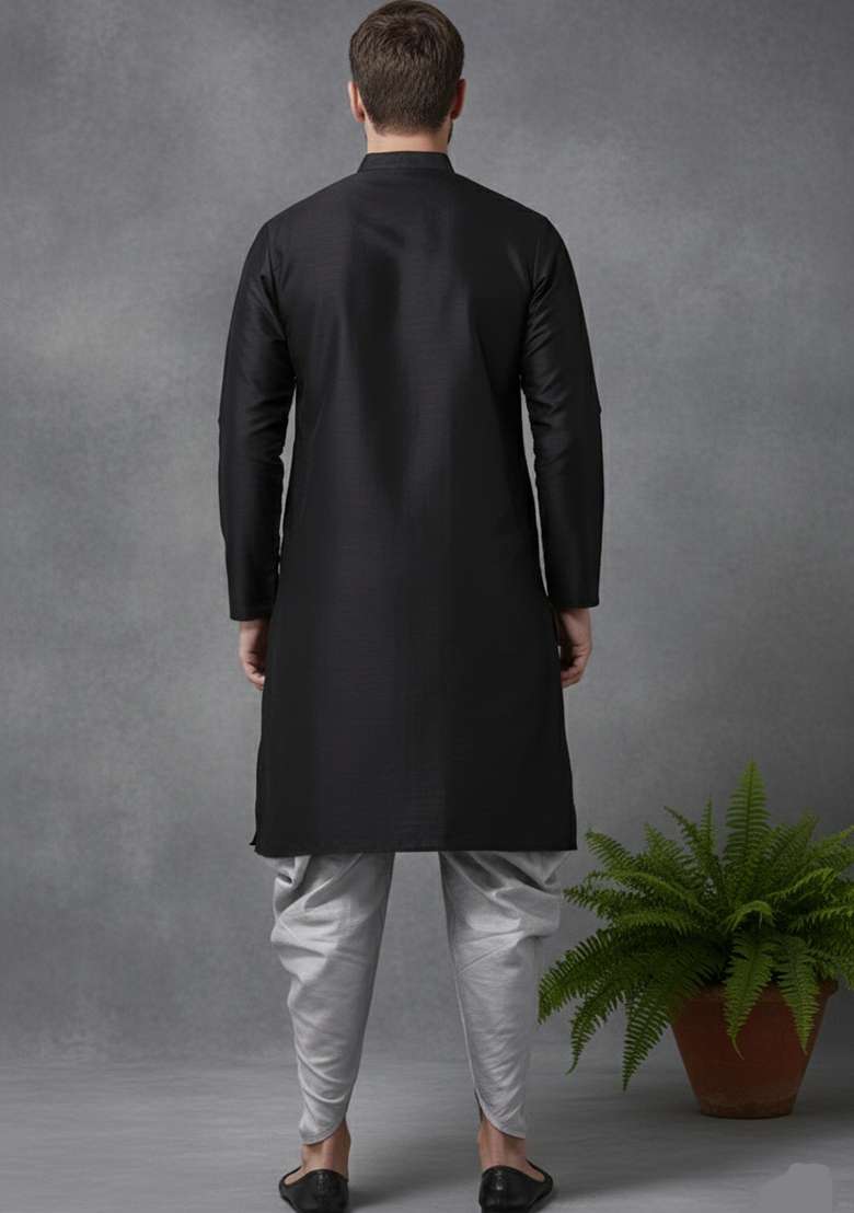 Black Embroidery Dupion Silk Blend Kurta Set For Men - Indya