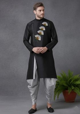 Black Embroidery Dupion Silk Kurta Set For Men