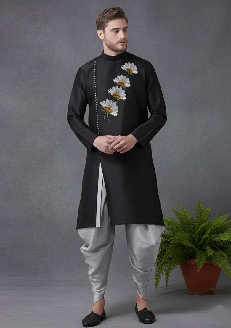 Black Embroidery Dupion Silk Blend Kurta Set For Men - Indya