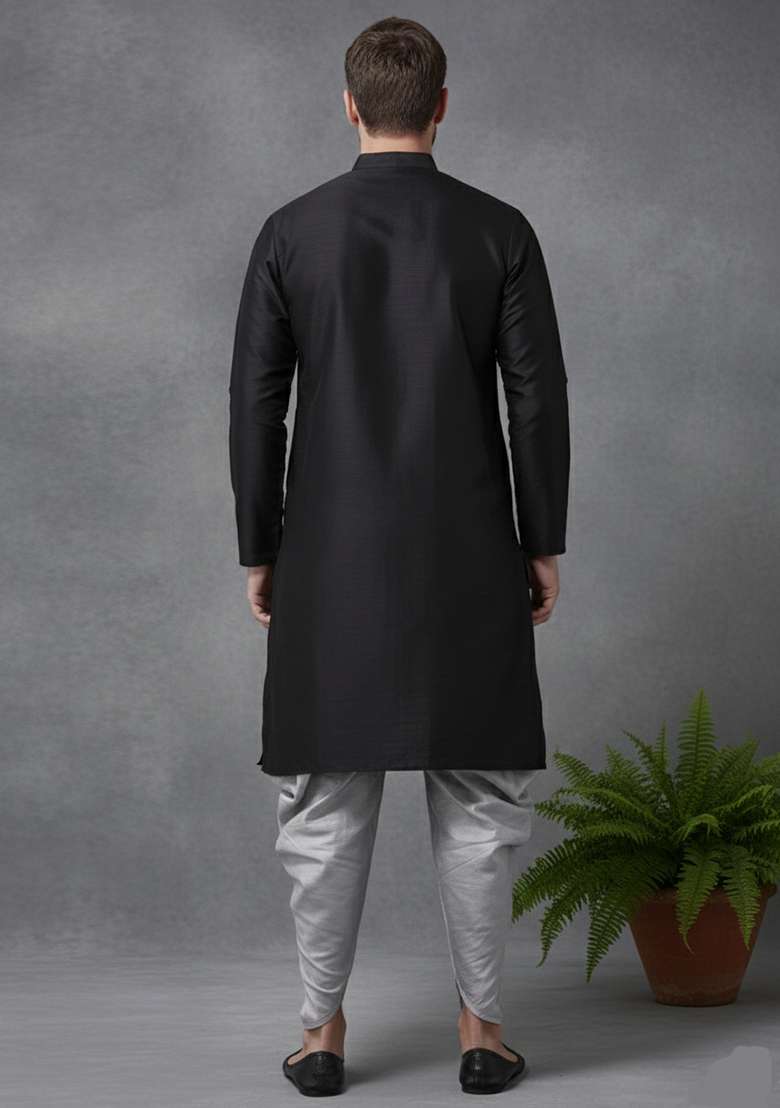 Black Embroidery Dupion Silk Blend Kurta Set For Men - Indya