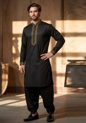 Black Embroidery Cotton Kurta Set For Men