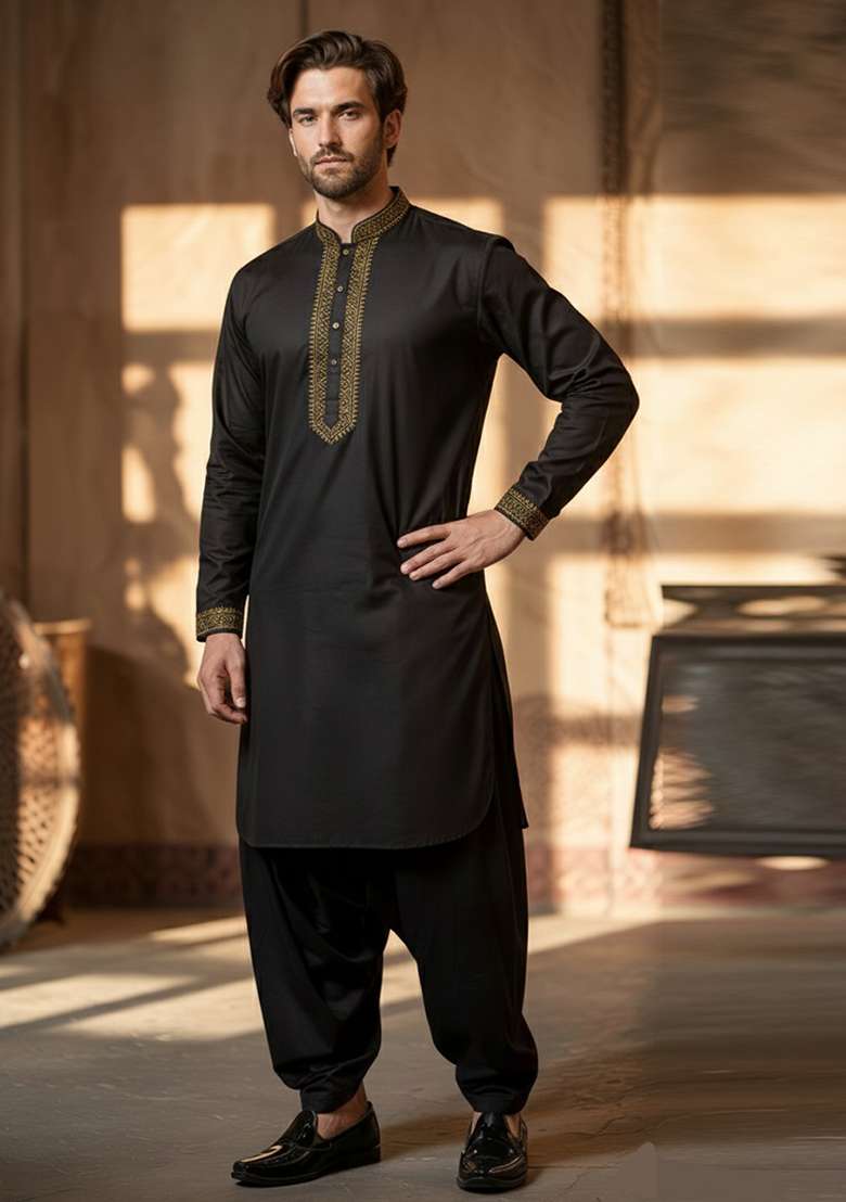 Black Embroidery Cotton Kurta Set For Men - Indya