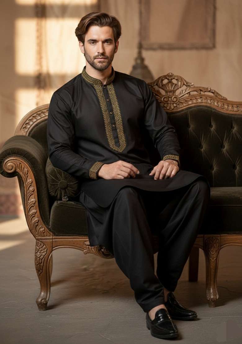 Black Embroidery Cotton Kurta Set For Men - Indya