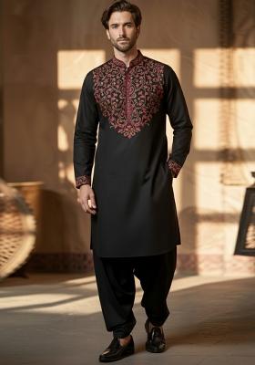 Black Embroidery Cotton Kurta Set For Men