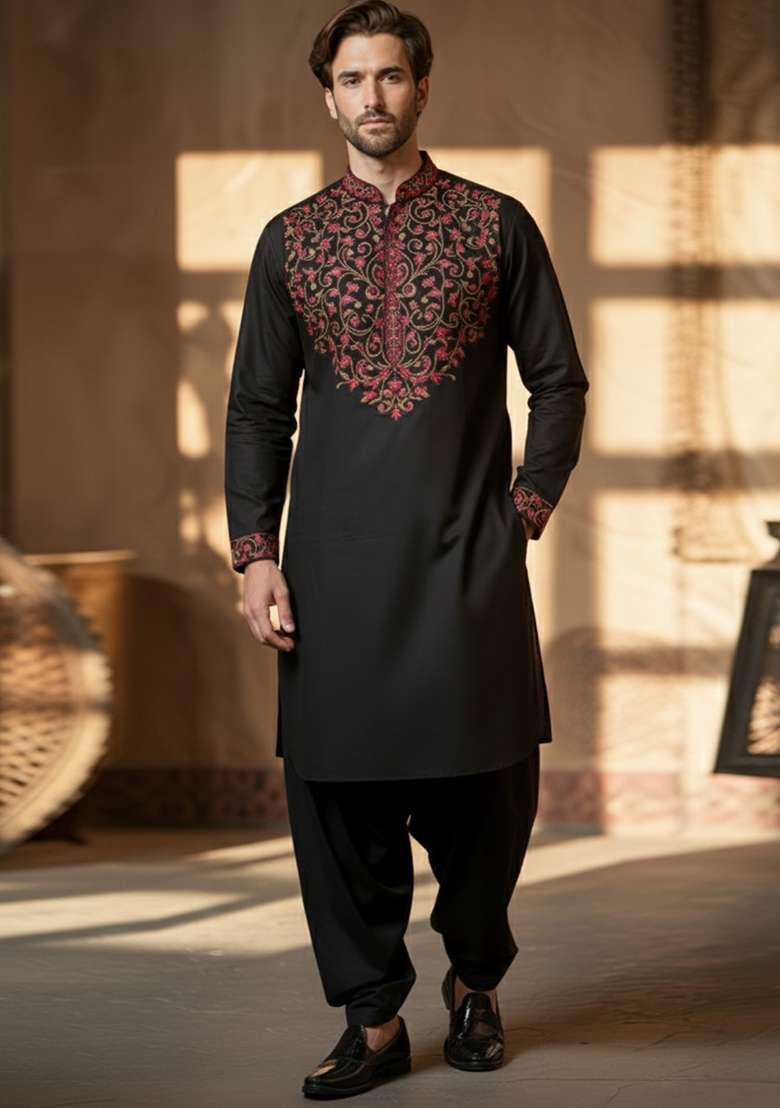 Black Embroidery Cotton Kurta Set For Men - Indya