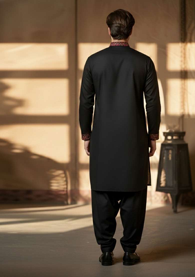 Black Embroidery Cotton Kurta Set For Men - Indya
