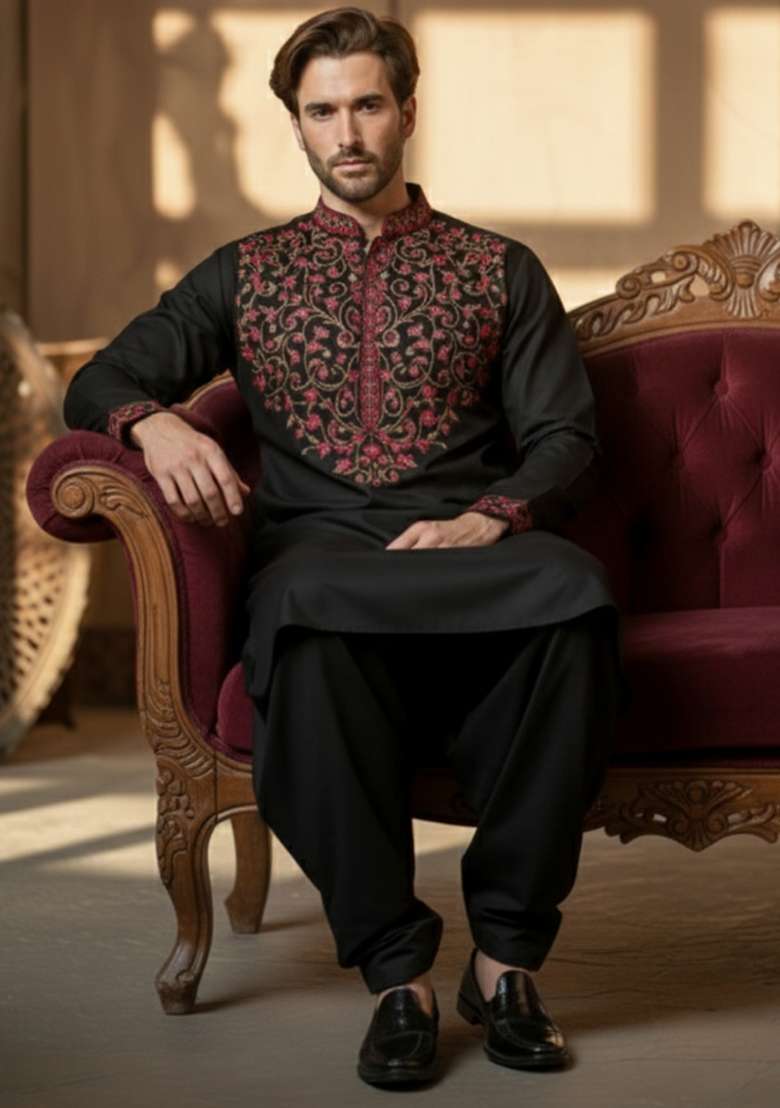 Black Embroidery Cotton Kurta Set For Men - Indya