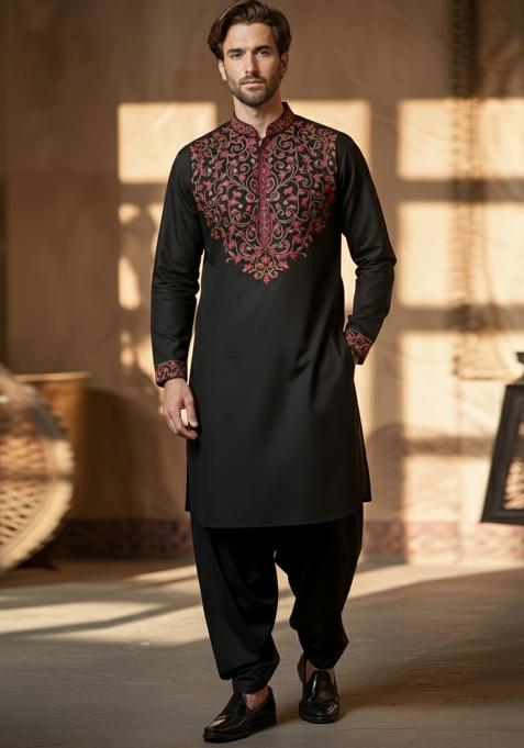Black Embroidery Cotton Kurta Set For Men