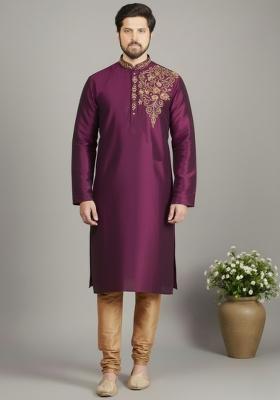 Magenta Embroidery Dupion Silk Kurta Set For Men
