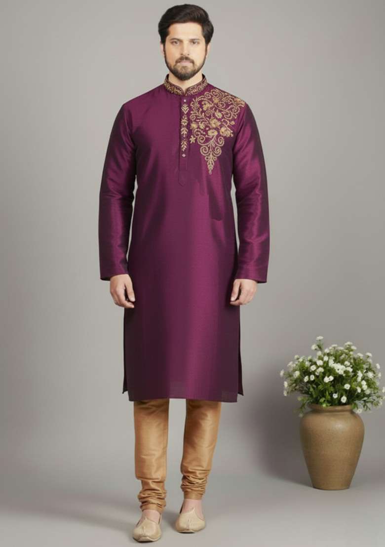 Magenta Embroidery Dupion Silk Blend Kurta Set For Men - Indya