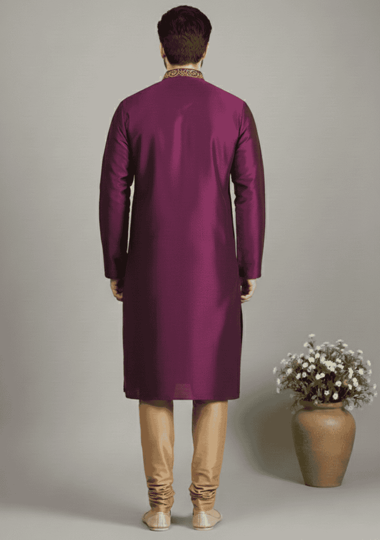 Magenta Embroidery Dupion Silk Blend Kurta Set For Men - Indya