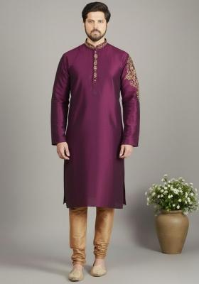 Magenta Embroidery Dupion Silk Kurta Set For Men