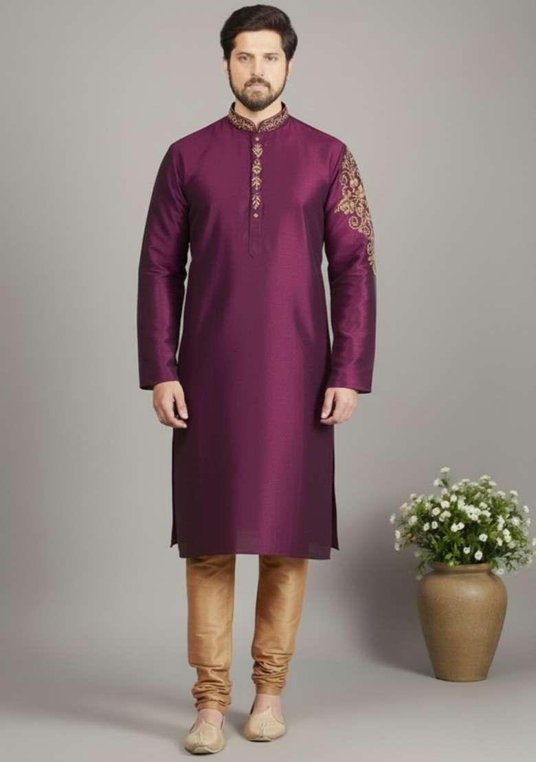 Magenta Embroidery Dupion Silk Blend Kurta Set For Men - Indya