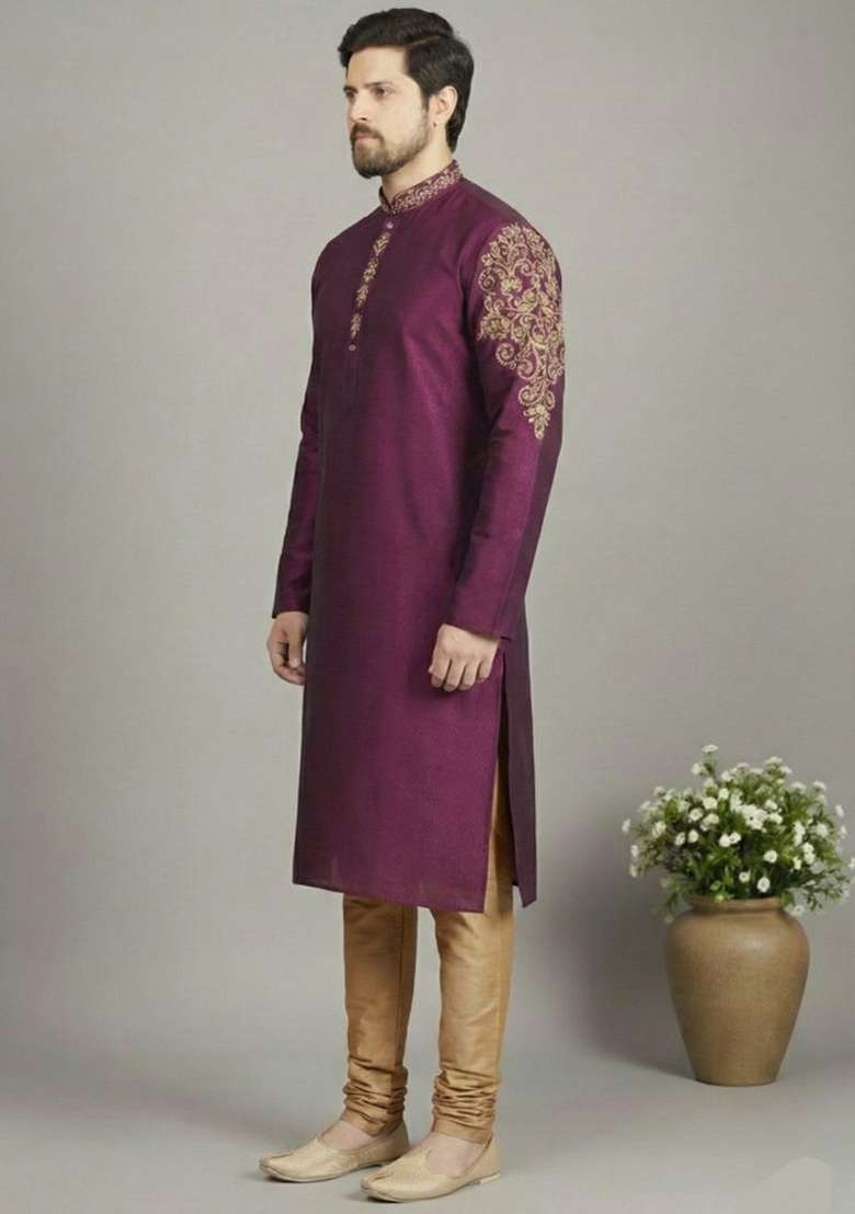 Magenta Embroidery Dupion Silk Blend Kurta Set For Men - Indya