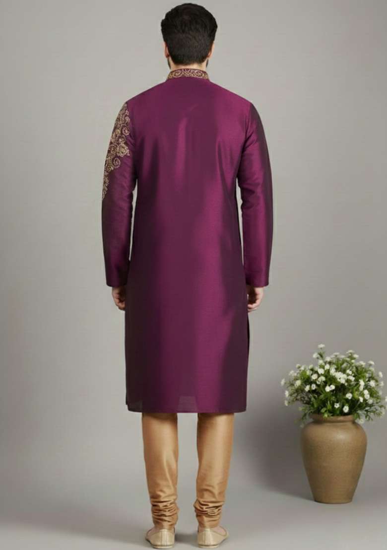 Magenta Embroidery Dupion Silk Blend Kurta Set For Men - Indya