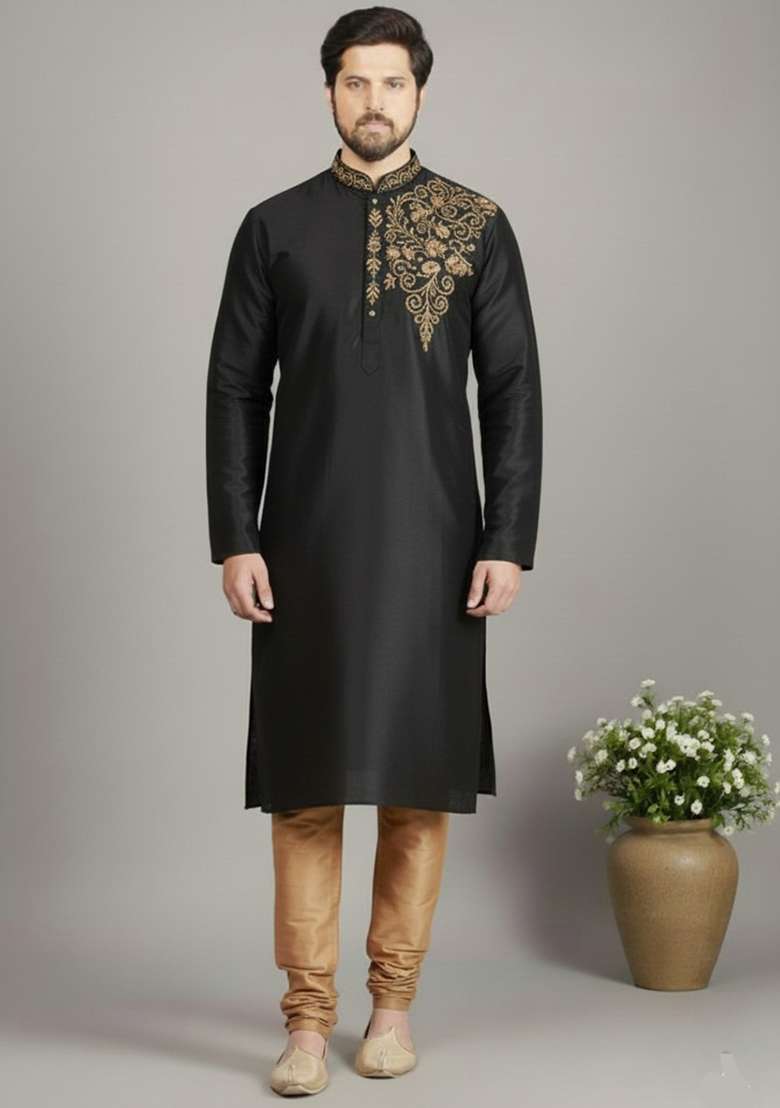 Black Embroidery Dupion Silk Blend Kurta Set For Men - Indya
