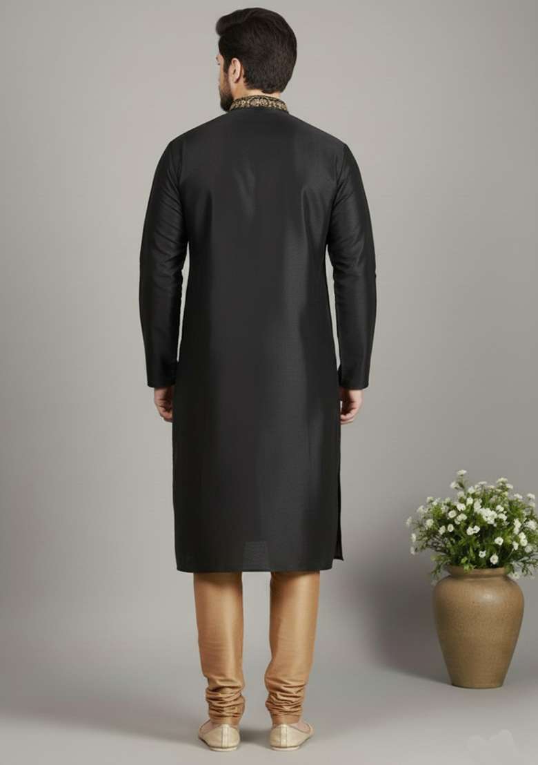 Black Embroidery Dupion Silk Blend Kurta Set For Men - Indya