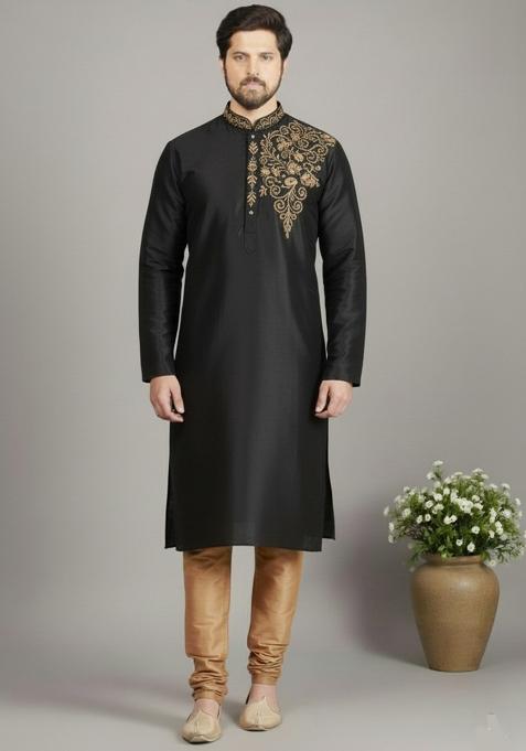 Black Embroidery Dupion Silk Kurta Set For Men