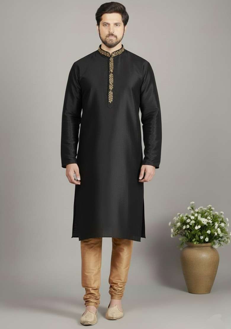 Black Embroidery Dupion Silk Blend Kurta Set For Men - Indya