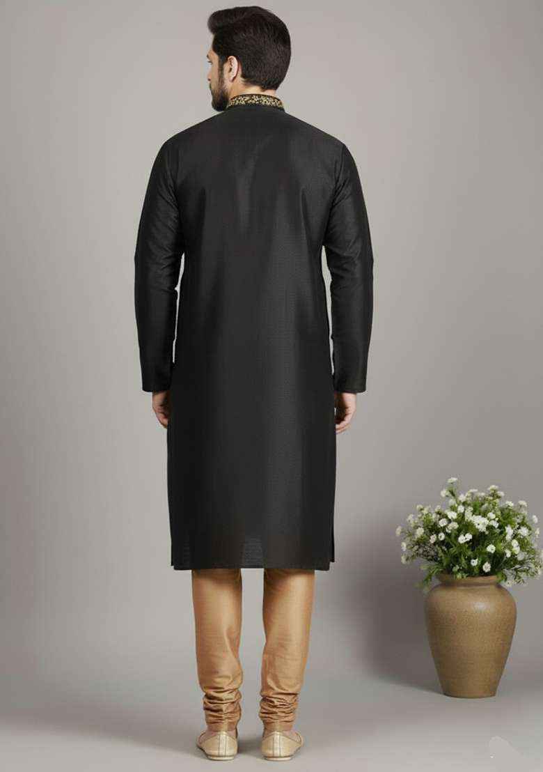 Black Embroidery Dupion Silk Blend Kurta Set For Men - Indya
