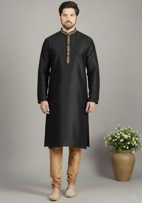 Black Embroidery Dupion Silk Kurta Set For Men