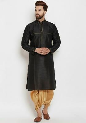 Black Embroidered Silk Kurta Dhoti Set For Men