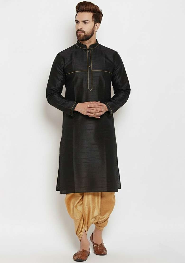 Black Embroidered Silk Blend Kurta Dhoti Set For Men - Indya