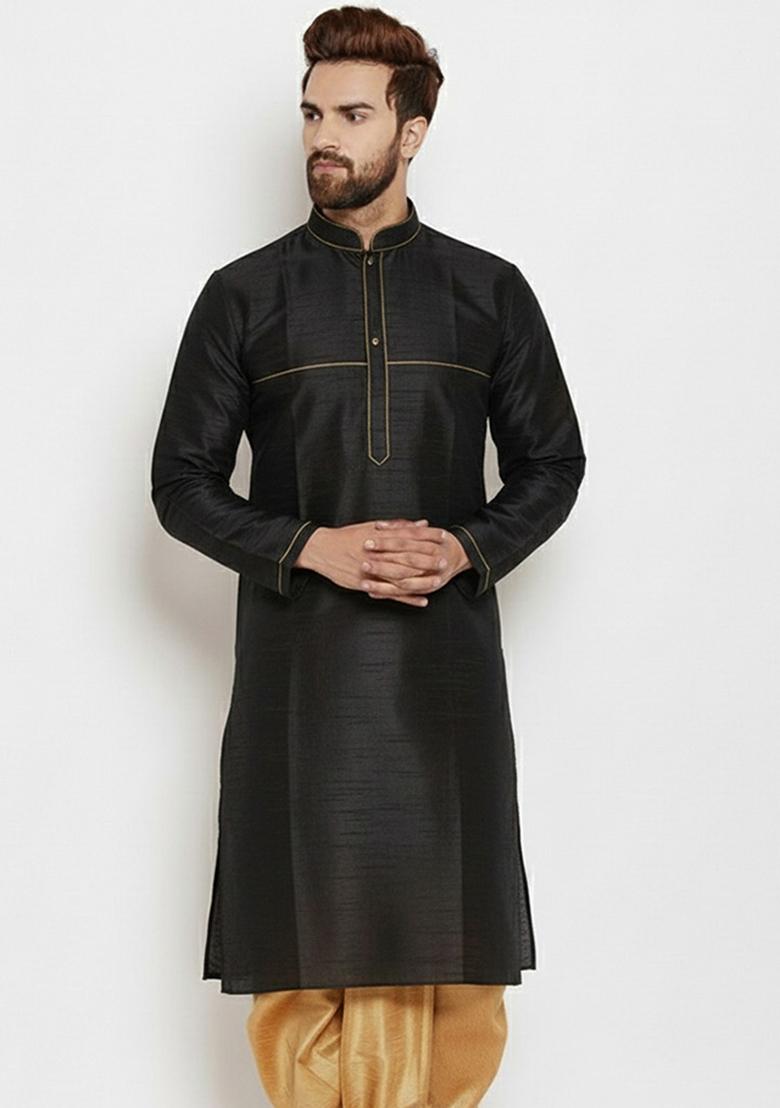 Black Embroidered Silk Kurta Dhoti Set For Men - Indya