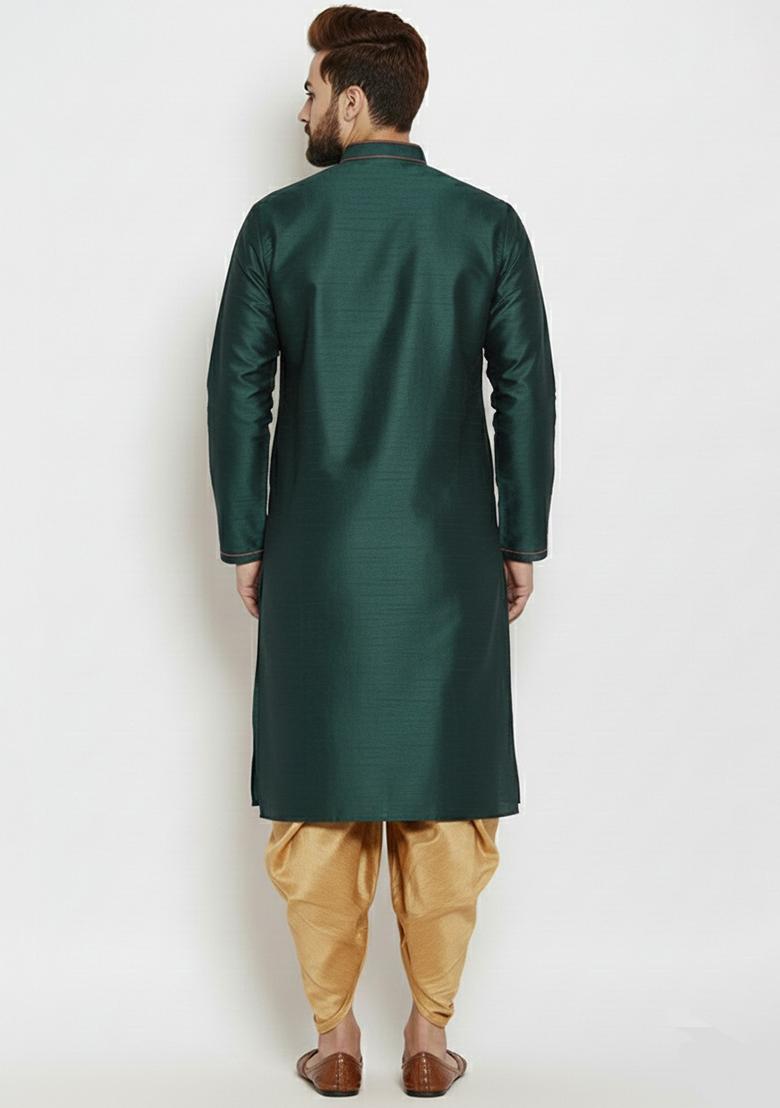 Bottle Green Embroidered Silk Kurta Dhoti Set For Men - Indya