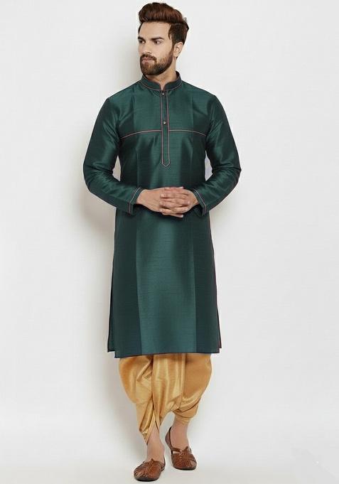 Bottle Green Embroidered Silk Blend Kurta Dhoti Set For Men