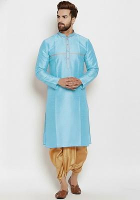 Light Blue Embroidered Silk Blend Kurta Dhoti Set For Men