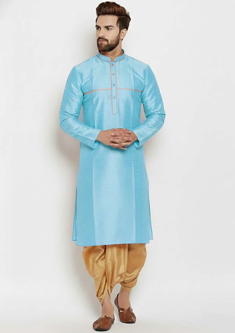 Light Blue Embroidered Silk Blend Kurta Dhoti Set For Men - Indya