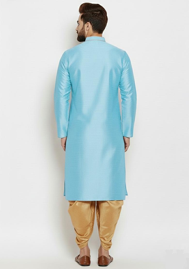 Light Blue Embroidered Silk Kurta Dhoti Set For Men - Indya