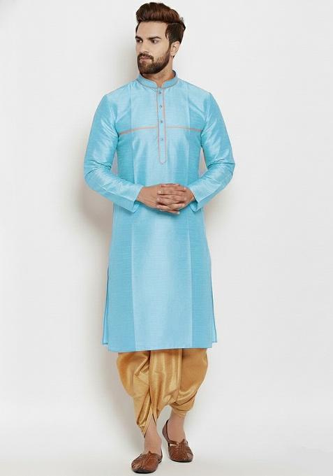 Light Blue Embroidered Silk Kurta Dhoti Set For Men