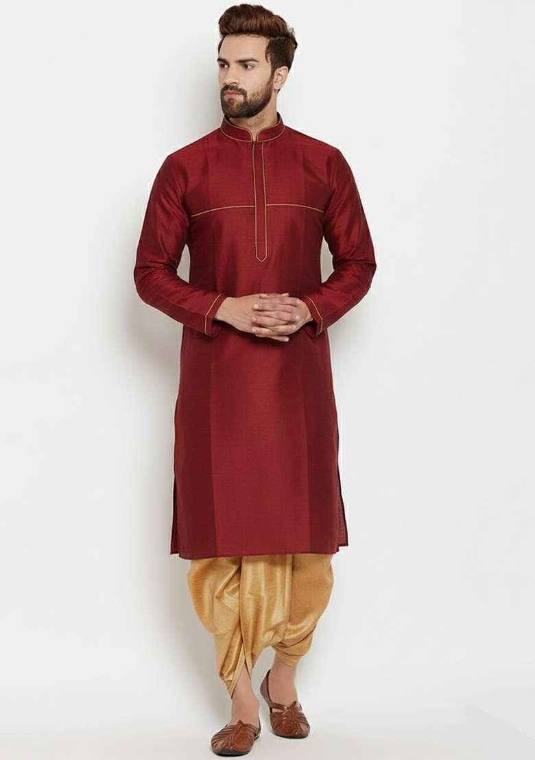 Maroon Embroidered Silk Blend Kurta Dhoti Set For Men - Indya